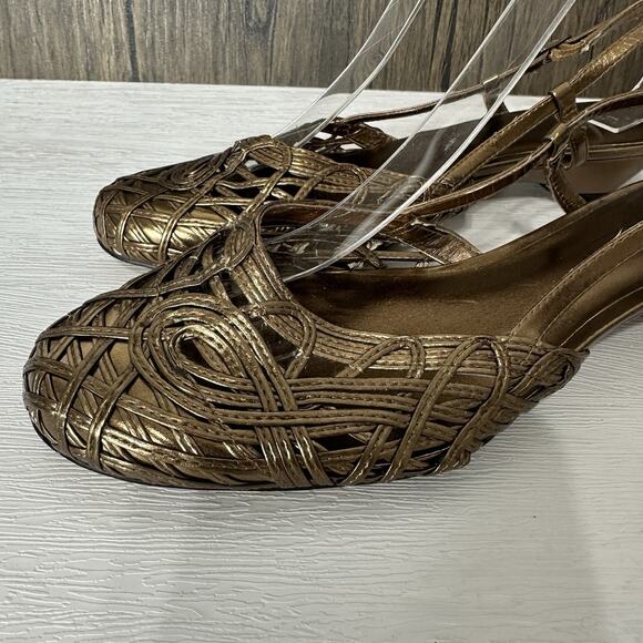 Coldwater Creek Shoes Women 7.5 Gold Bronze Metallic Woven Slingback Kitten Heel - Picture 5 of 12